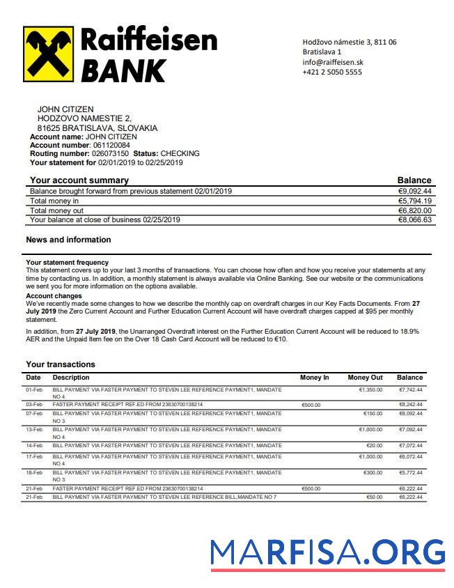 Downloadable Slovakia Raiffeisen bank statement word template